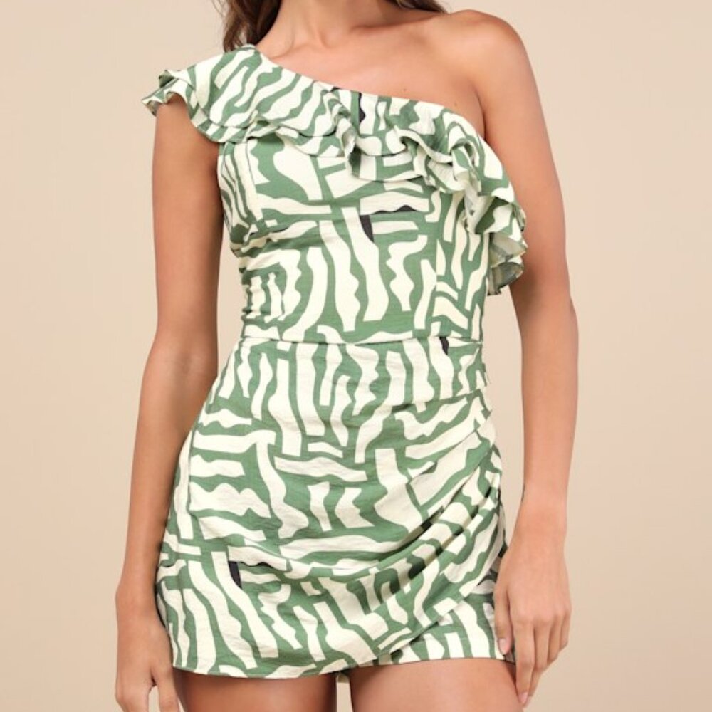 Lulus Time To Vacay Green And Beige Abstract One-shoulder Skort Romper - Size L